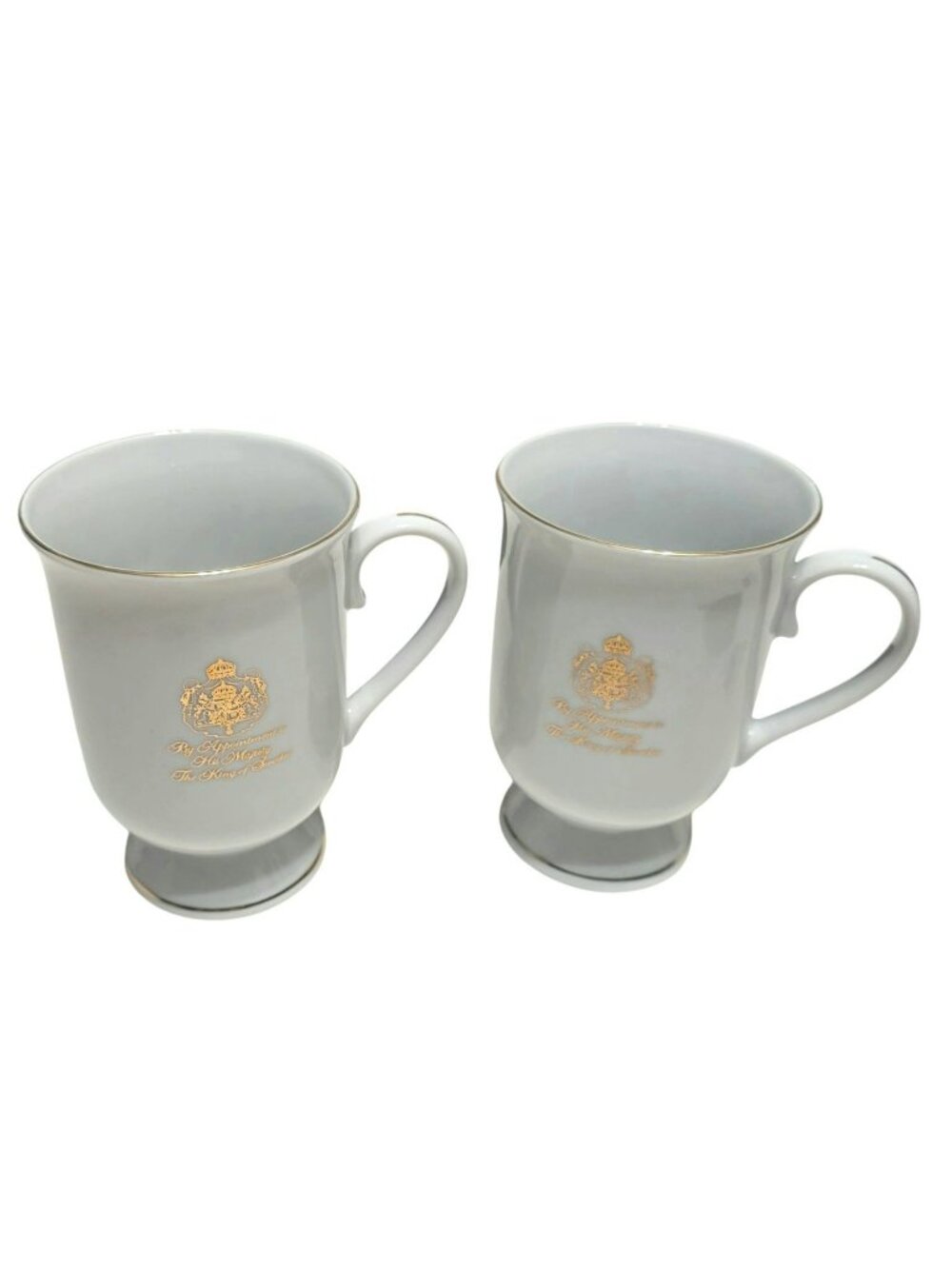 2 Vintage Gevalia Kaffe Mugs Royal Crest King of Sweden Footed Coffee Cups READ